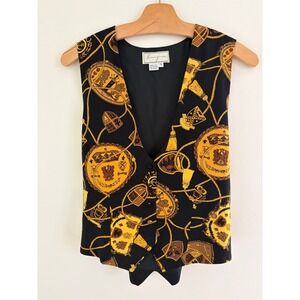 Vintage 90s‎ Silk Vest Baroque Gold Chain Crest Print Mob Wife Black M